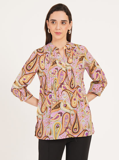 Women Brown & Purple Printed Mandarin Collar Oversized Top