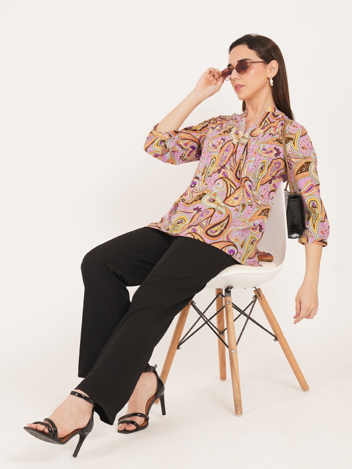 Women Brown & Purple Printed Mandarin Collar Oversized Top