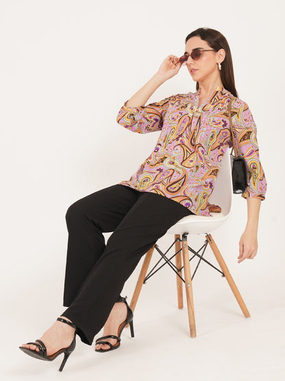 Women Brown & Purple Printed Mandarin Collar Oversized Top