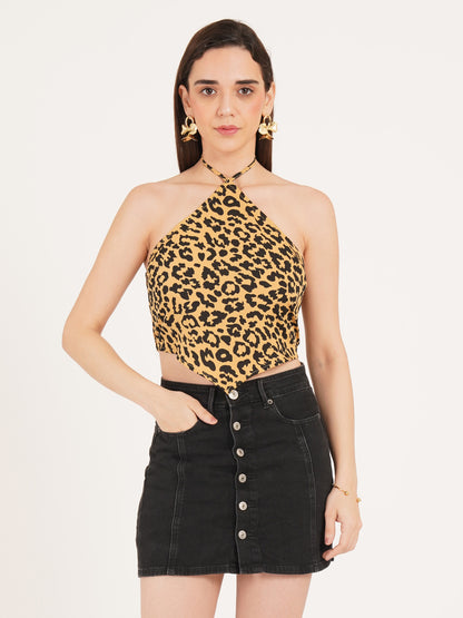Women Black & Yellow Leopard Print Knotted Halter Neck Crop Top