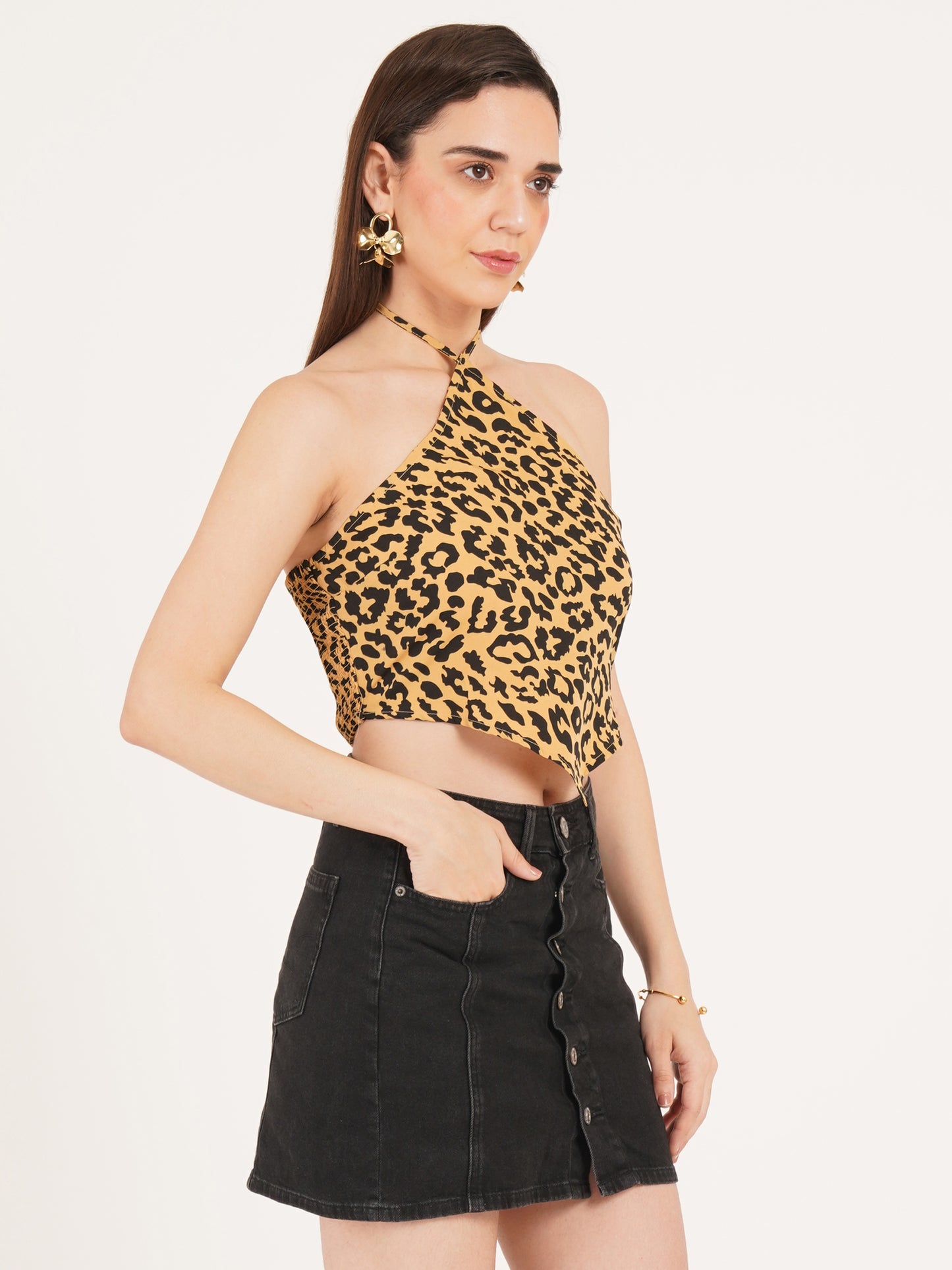 Women Black & Yellow Leopard Print Knotted Halter Neck Crop Top