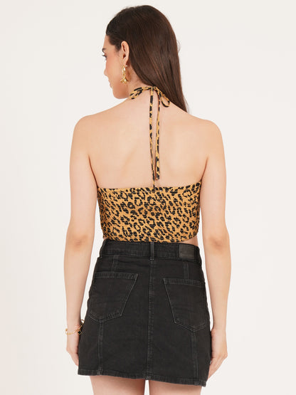 Women Black & Yellow Leopard Print Knotted Halter Neck Crop Top