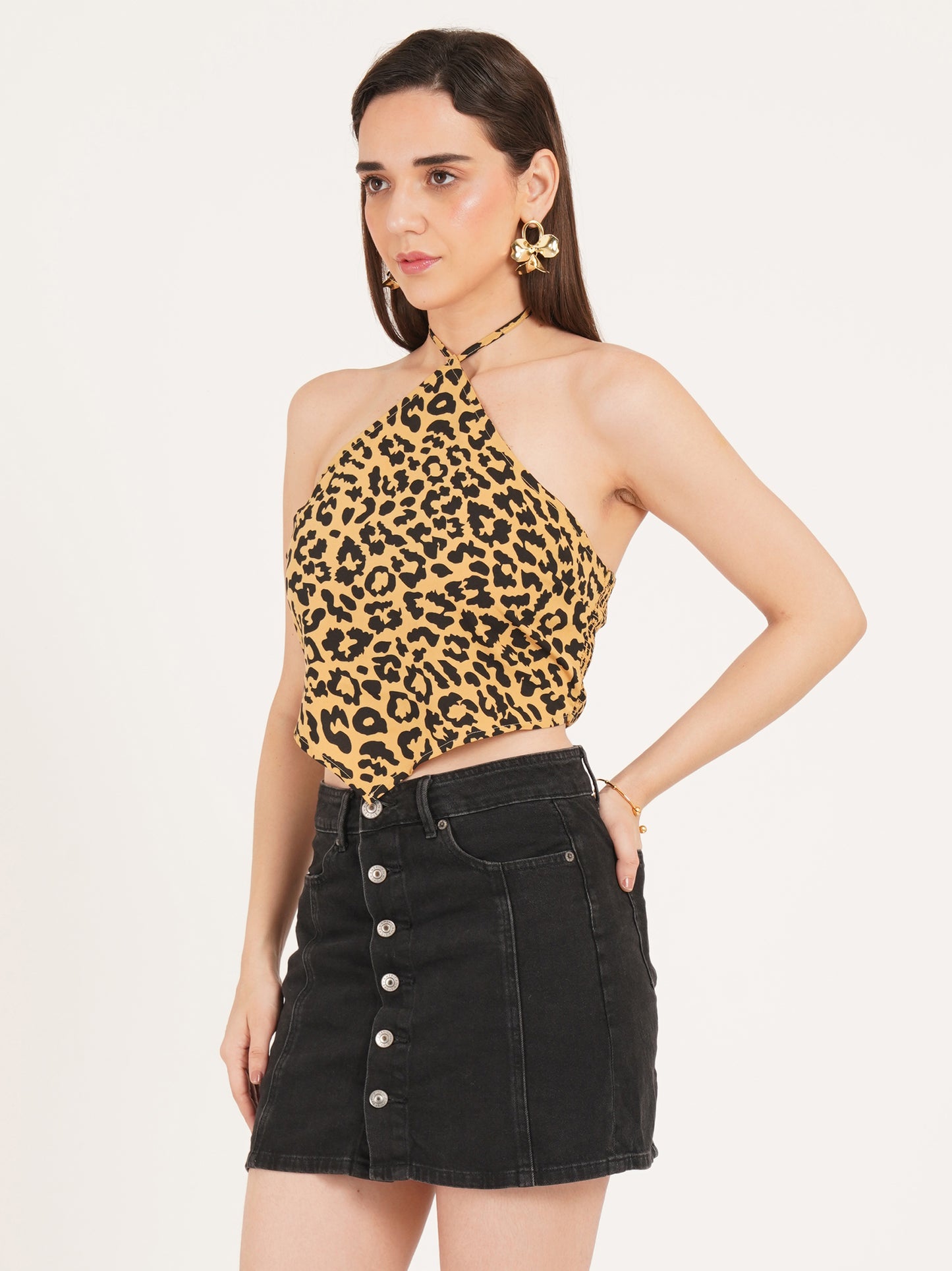 Women Black & Yellow Leopard Print Knotted Halter Neck Crop Top