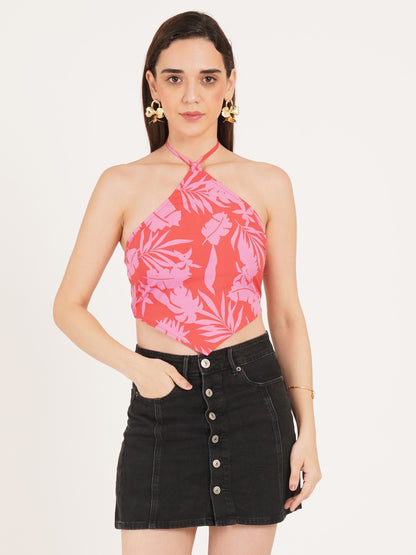 Women Pink Leaf Print Knotted Halter Neck Oversized Crop Top
