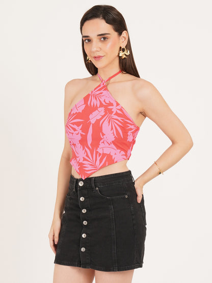 Women Pink Leaf Print Knotted Halter Neck Oversized Crop Top