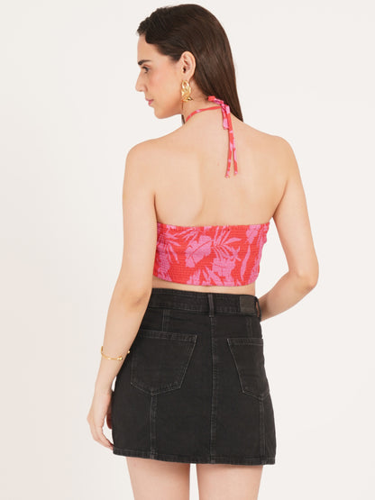 Women Pink Leaf Print Knotted Halter Neck Oversized Crop Top
