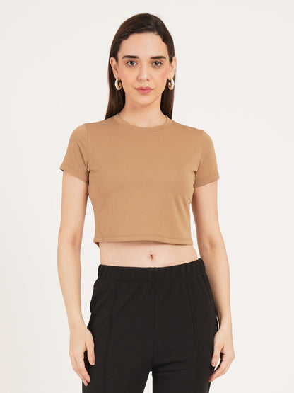 Women Brown Solid Short Sleeves Crop Top