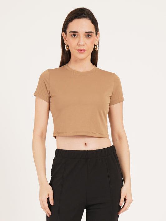 Women Brown Solid Short Sleeves Crop Top