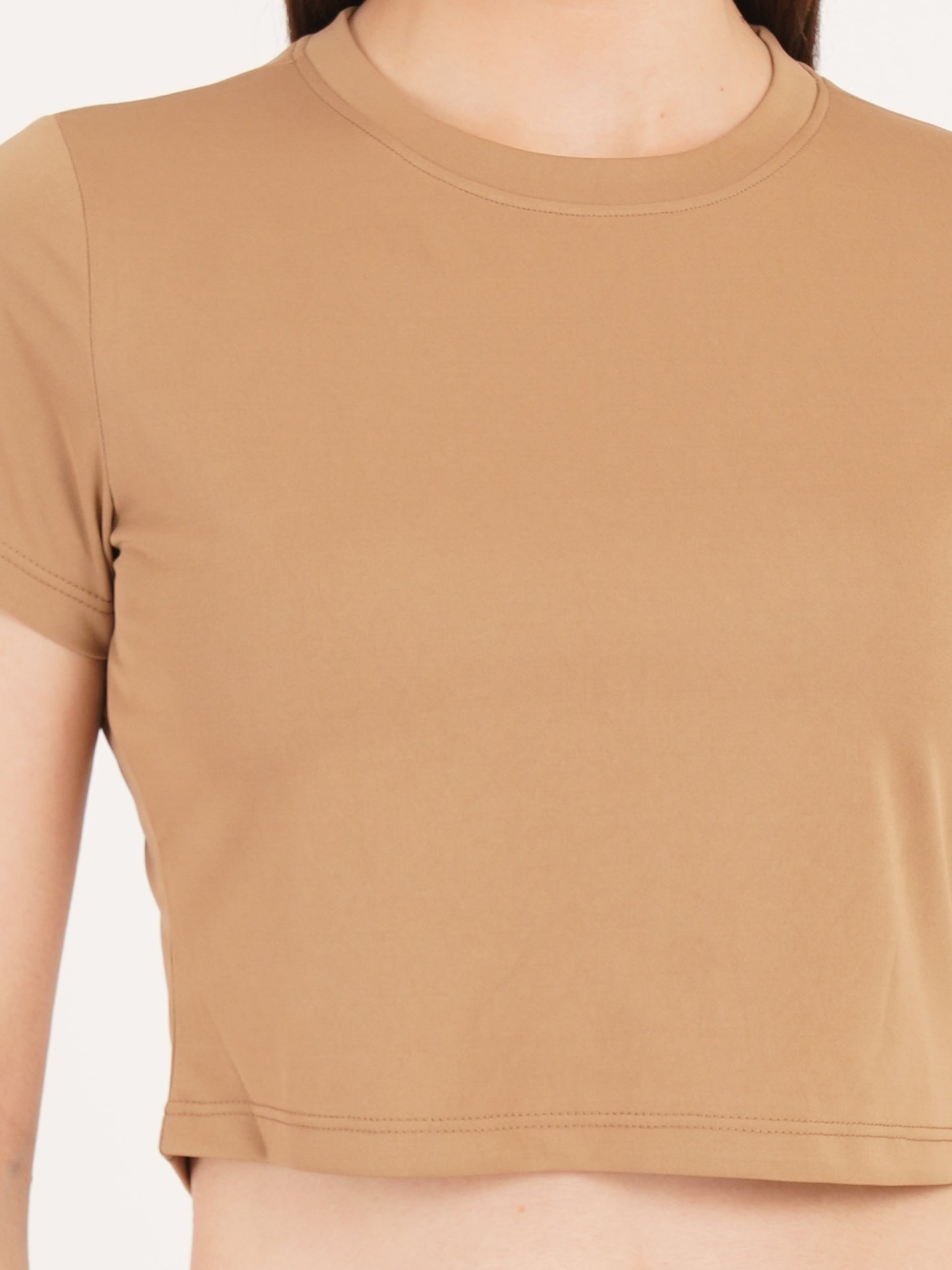 Women Brown Solid Short Sleeves Crop Top