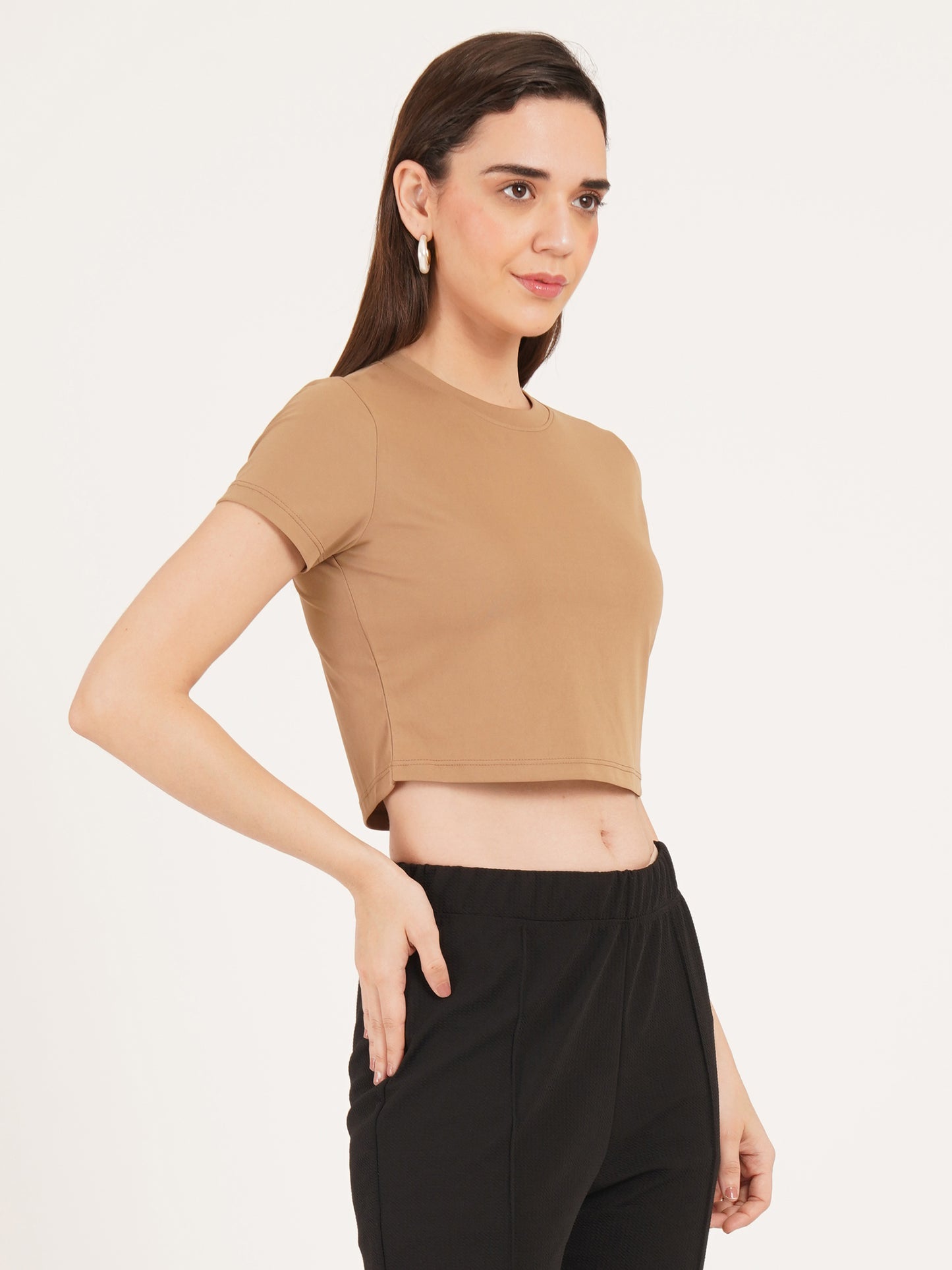 Women Brown Solid Short Sleeves Crop Top
