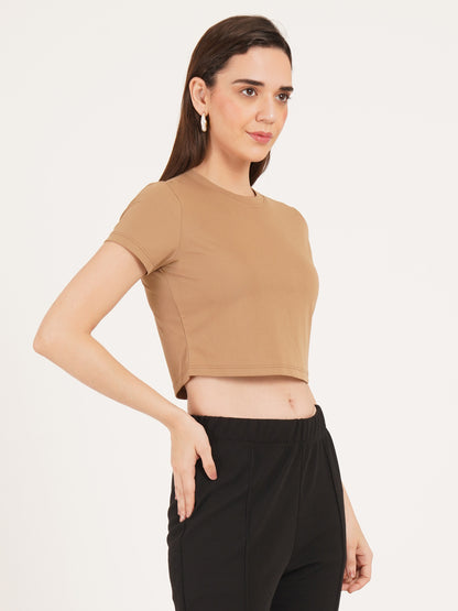 Women Brown Solid Short Sleeves Crop Top
