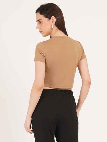 Women Brown Solid Short Sleeves Crop Top