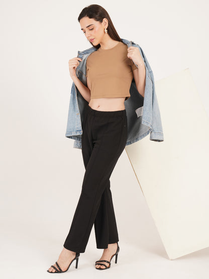 Women Brown Solid Short Sleeves Crop Top