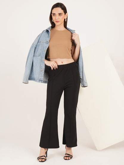 Women Brown Solid Short Sleeves Crop Top