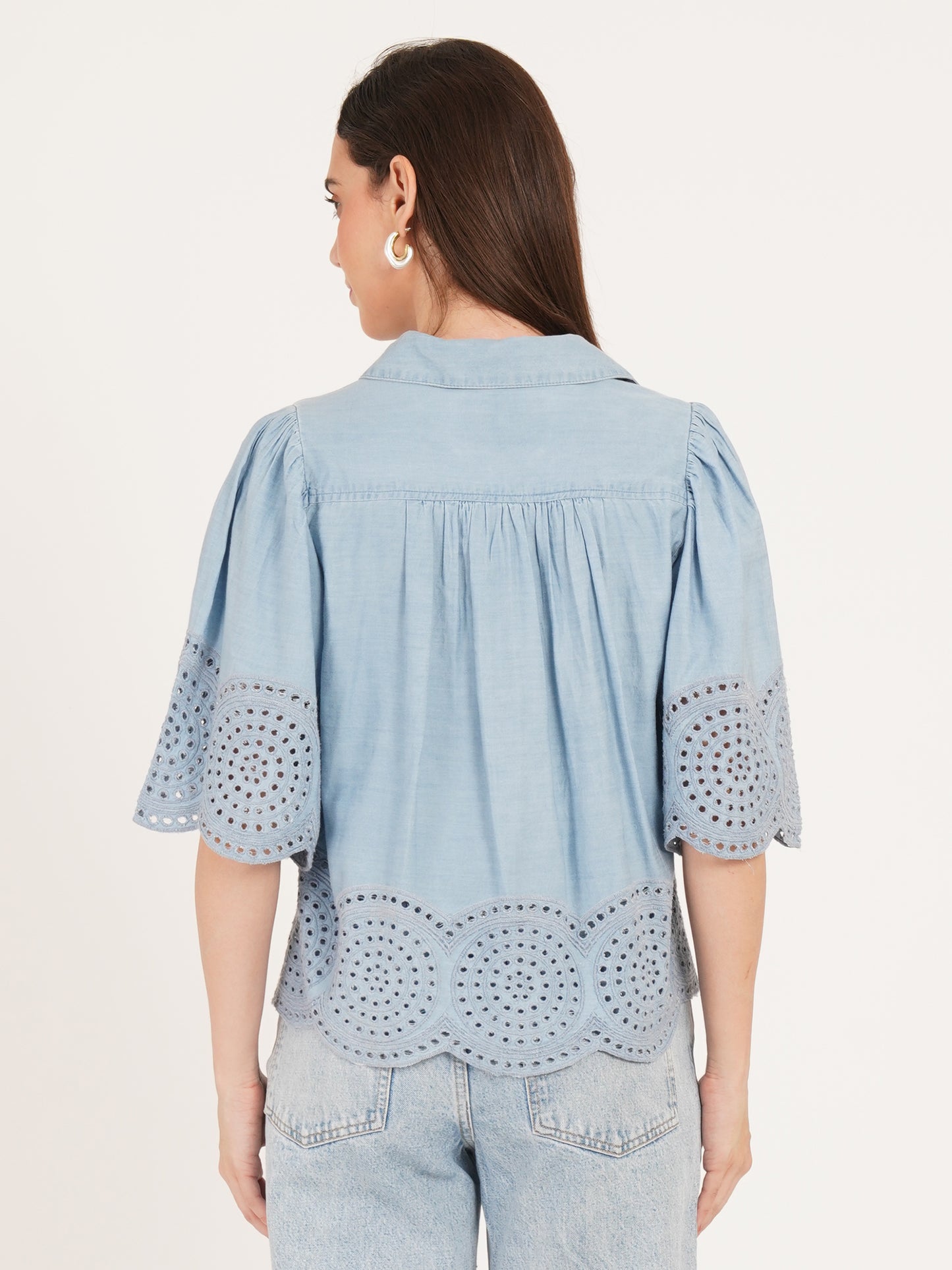 9 impression Light blue denim shirt with eyelet schiffli embroidery details back views  