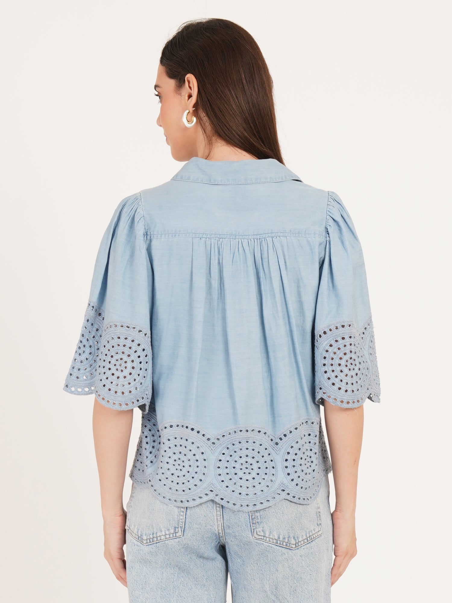9 impression Light blue denim shirt with eyelet schiffli embroidery details back views  
