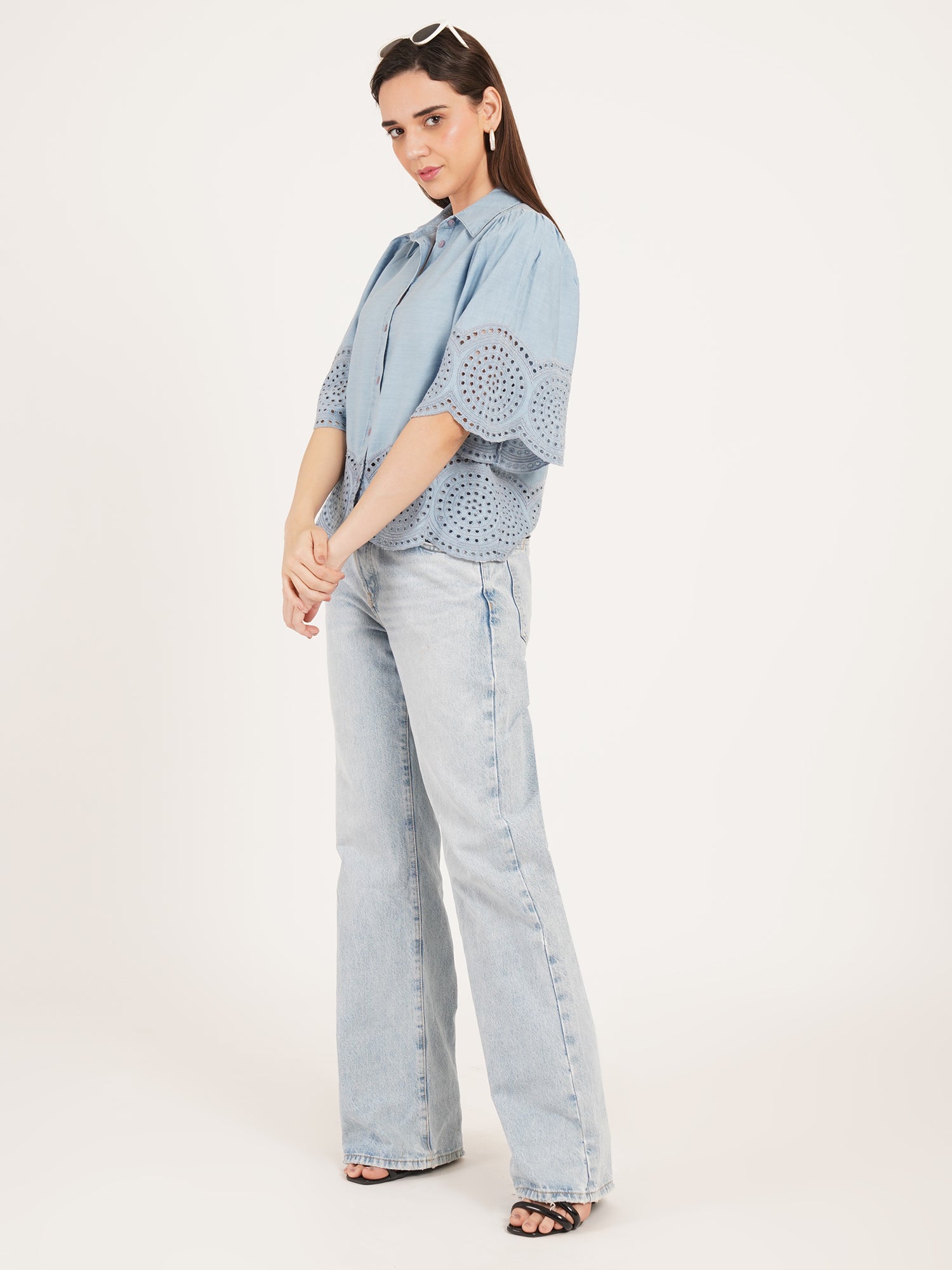 Woman stylish embroidered casual shirts style denim tops by 9 impression