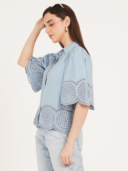 women wearing 9 impression schiffli stylish tops on grey background views