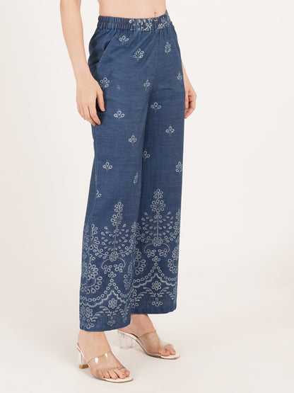 Blue printed palazzo pants by 9 Impression with pocket.