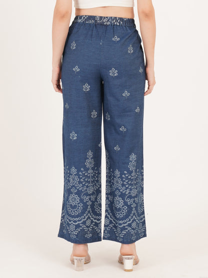 Navy blue paisley print palazzo pants by 9 Impression back view full paisley border printed.