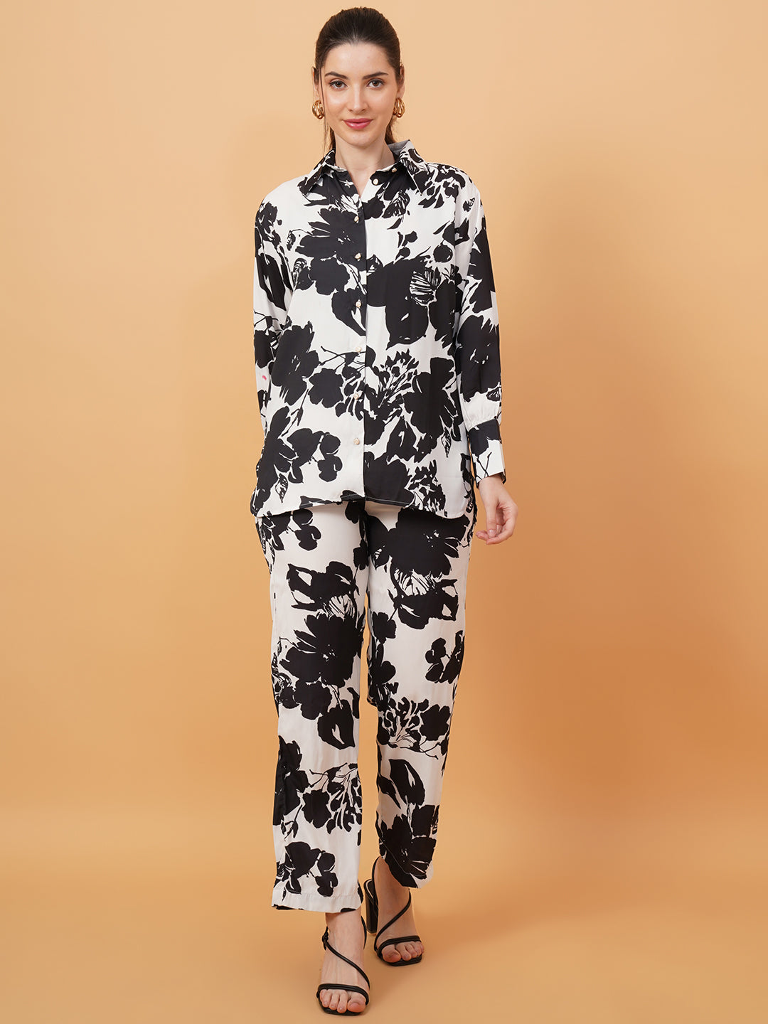 Women Black & White Floral Print Satin Shirt & Trouser Set Co-Ords