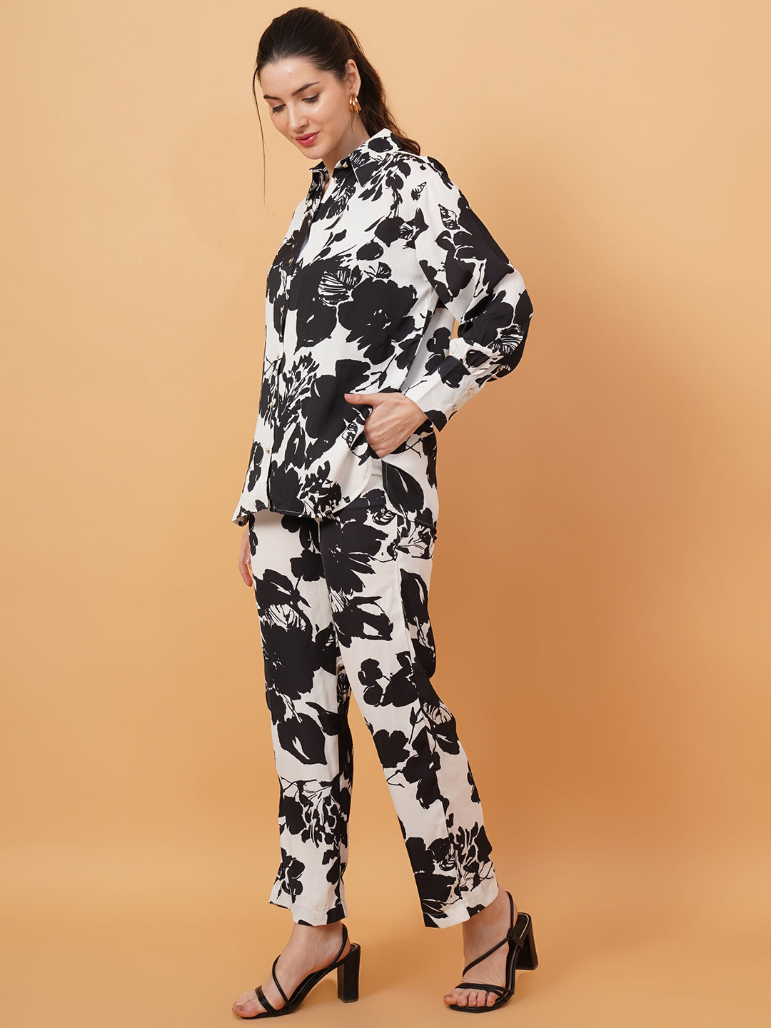 Women Black & White Floral Print Satin Shirt & Trouser Set Co-Ords