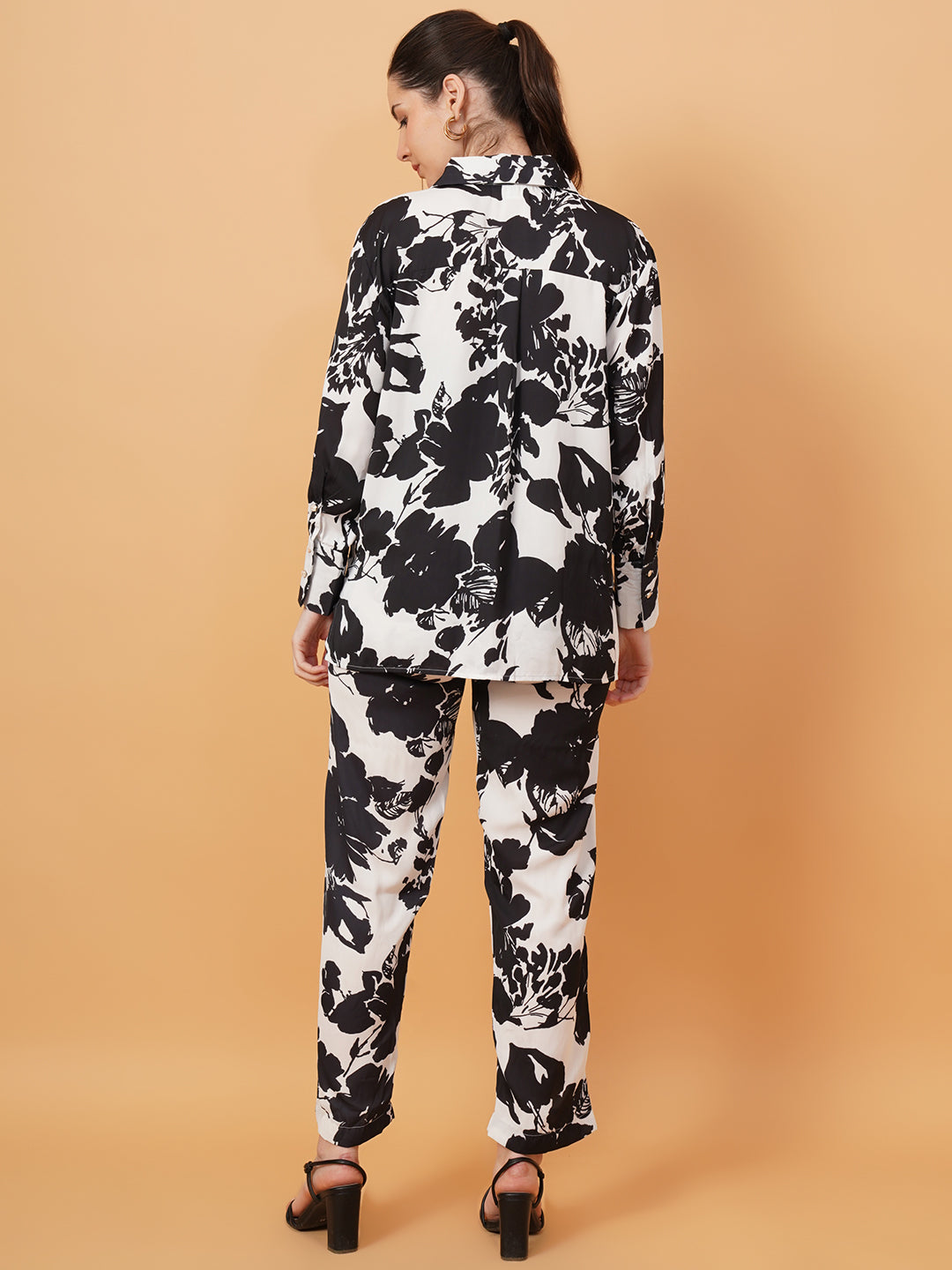 Women Black & White Floral Print Satin Shirt & Trouser Set Co-Ords