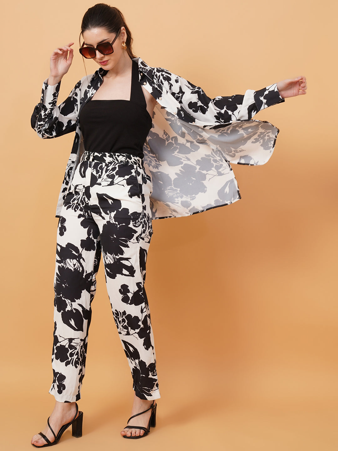 Women Black & White Floral Print Satin Shirt & Trouser Set Co-Ords