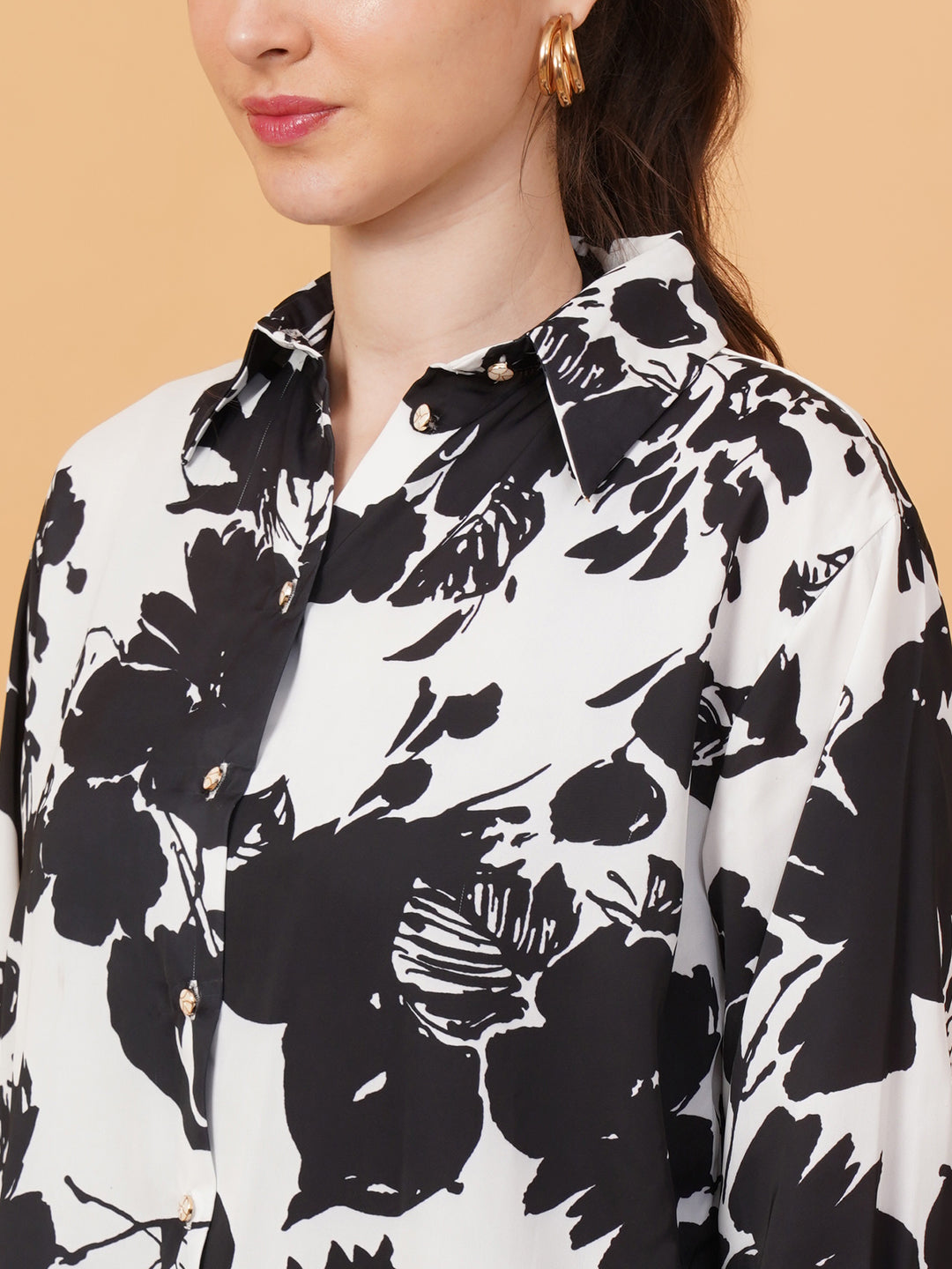 Women Black & White Floral Print Satin Shirt & Trouser Set Co-Ords