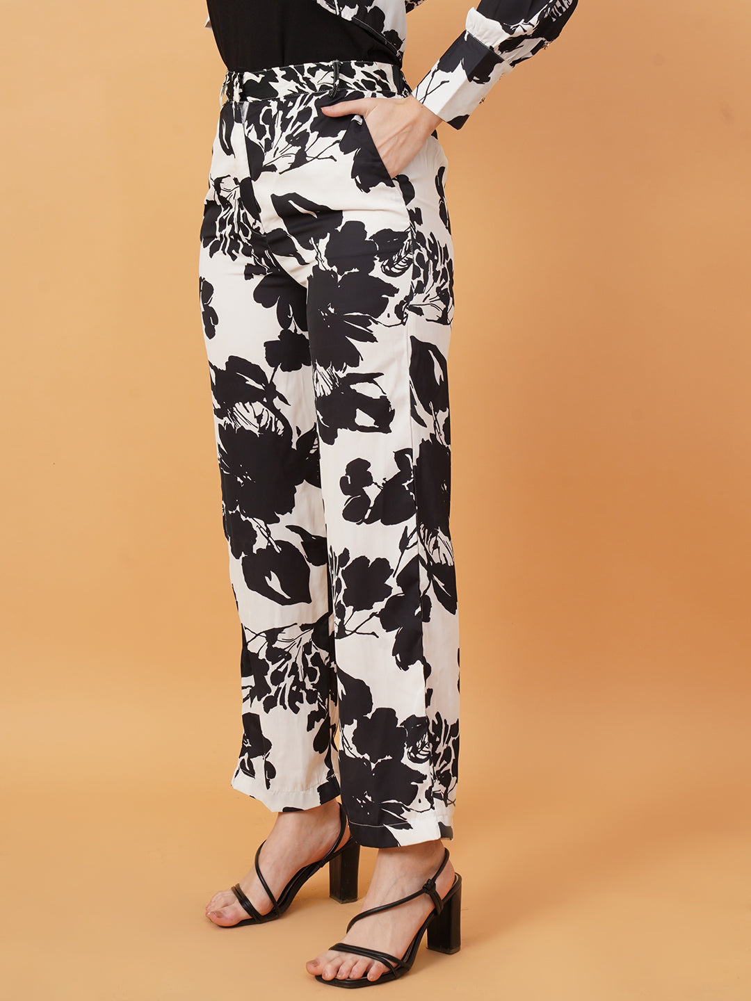 Women Black & White Floral Print Satin Shirt & Trouser Set Co-Ords