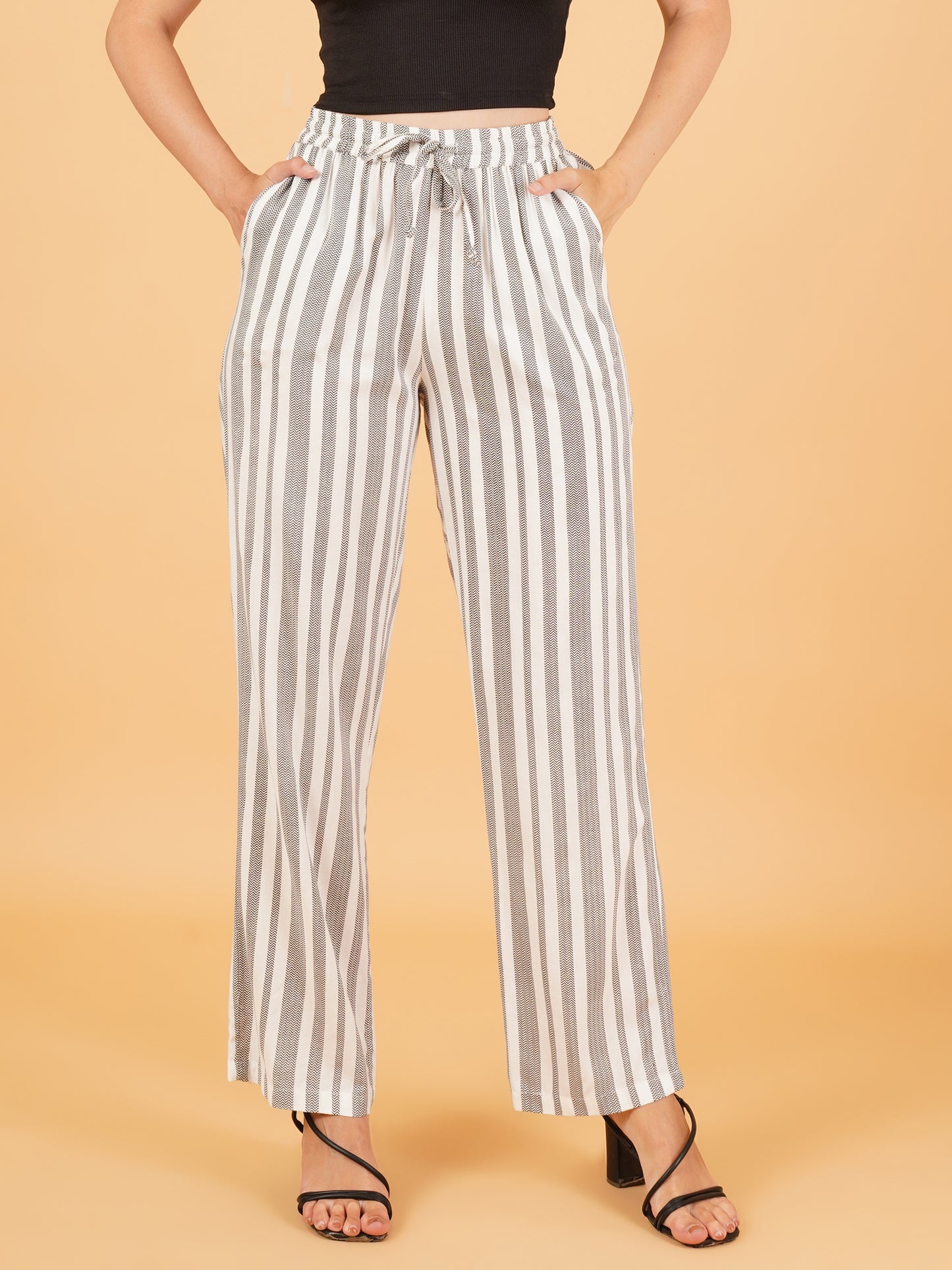 Women Black & White Stripe Regular Fit Pyjama