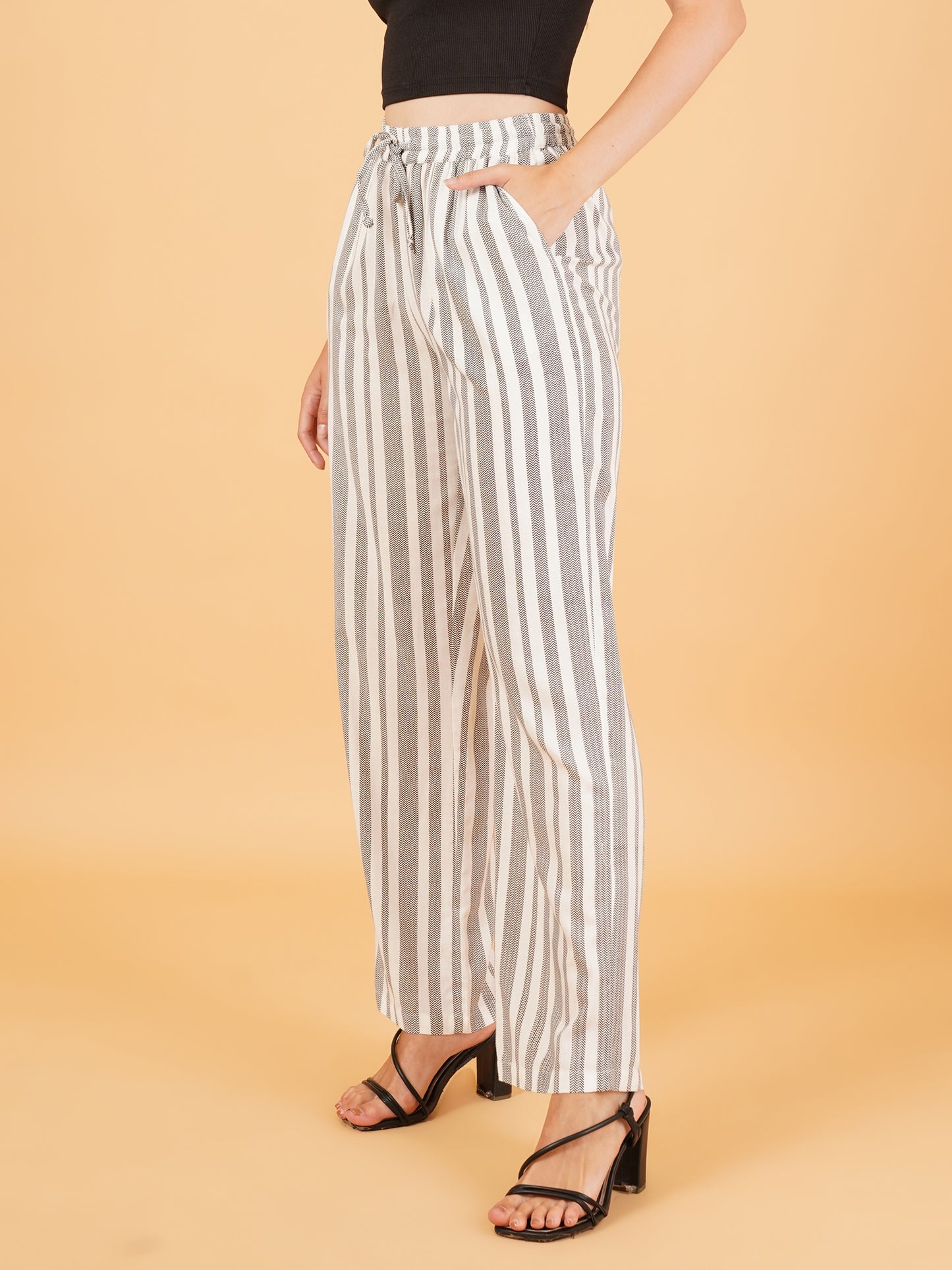 Women Black & White Stripe Regular Fit Pyjama