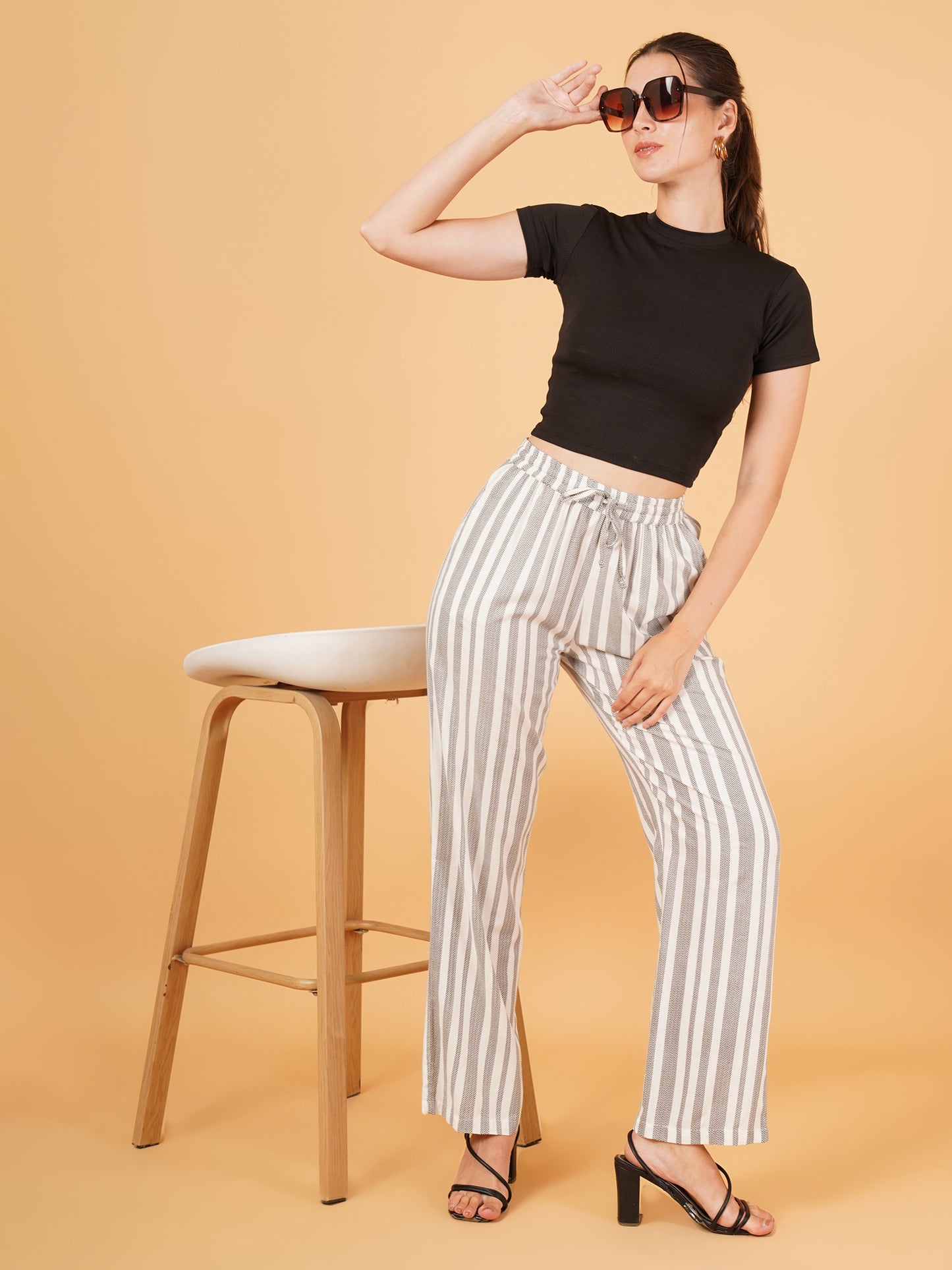 Women Black & White Stripe Regular Fit Pyjama