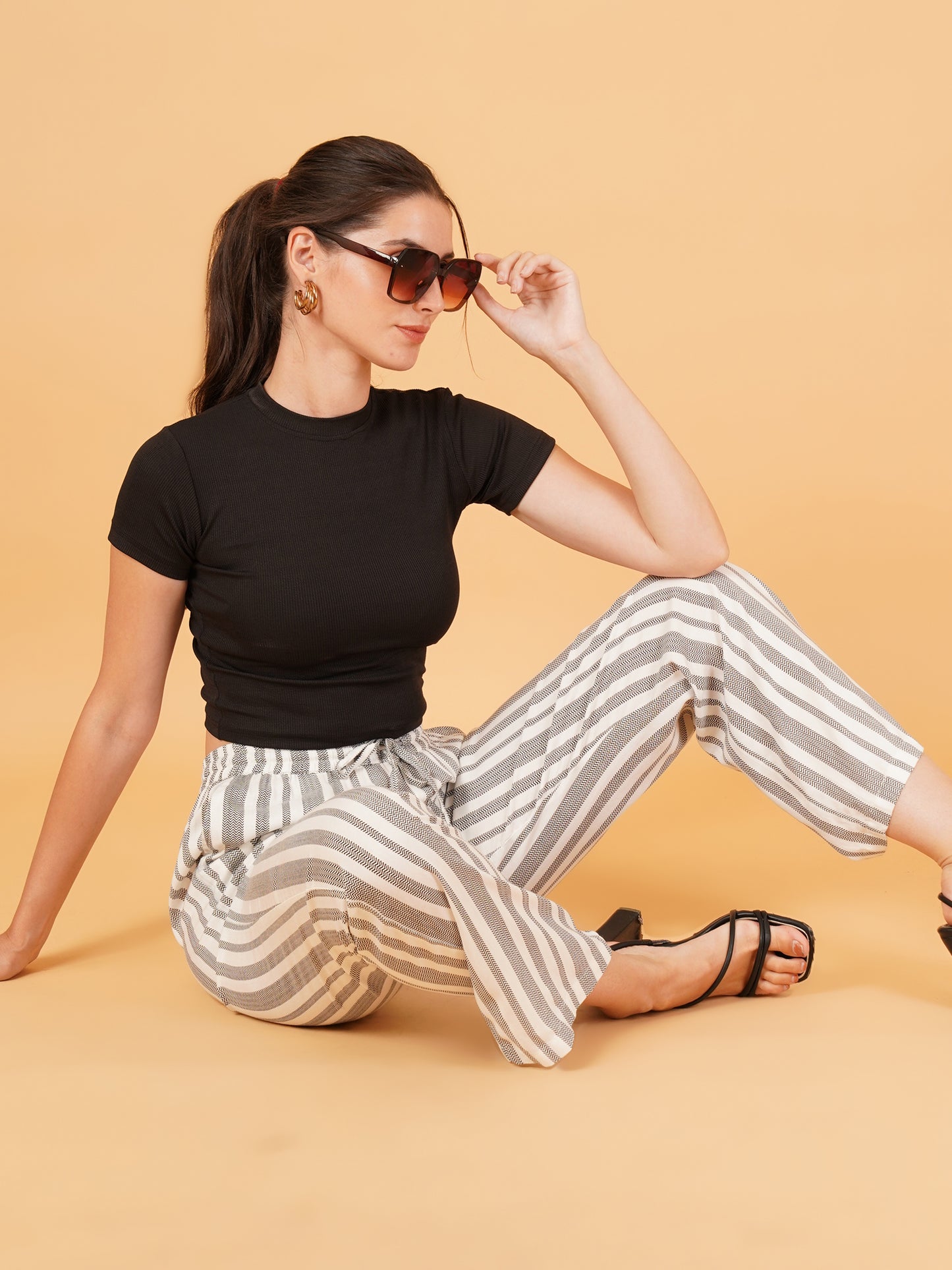 Women Black & White Stripe Regular Fit Pyjama