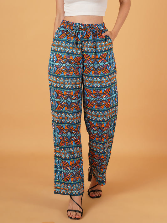 Women Blue & Orange Printed Pyjama