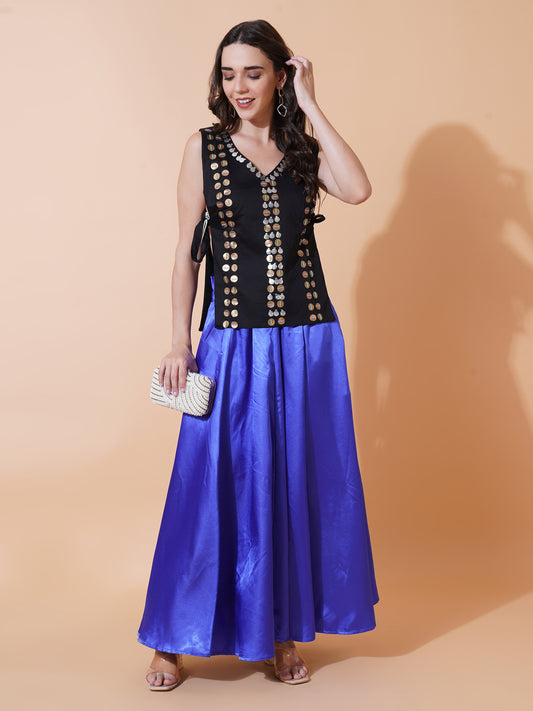 Women Blue Solid Flared Drawstring Maxi Skirt