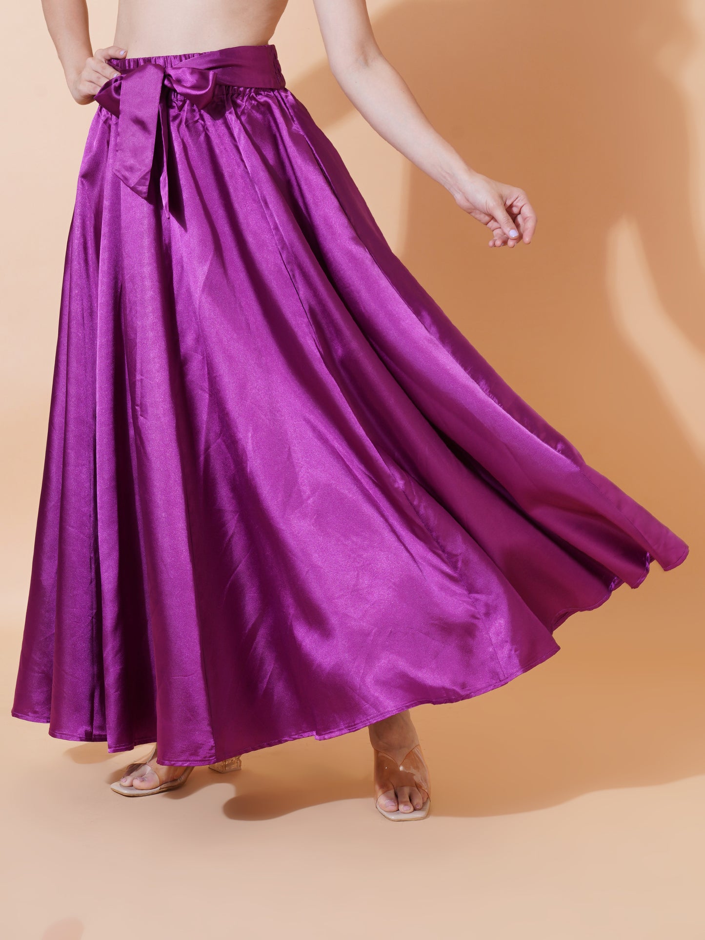 Women Blue Purple Flared Drawstring Maxi Skirt