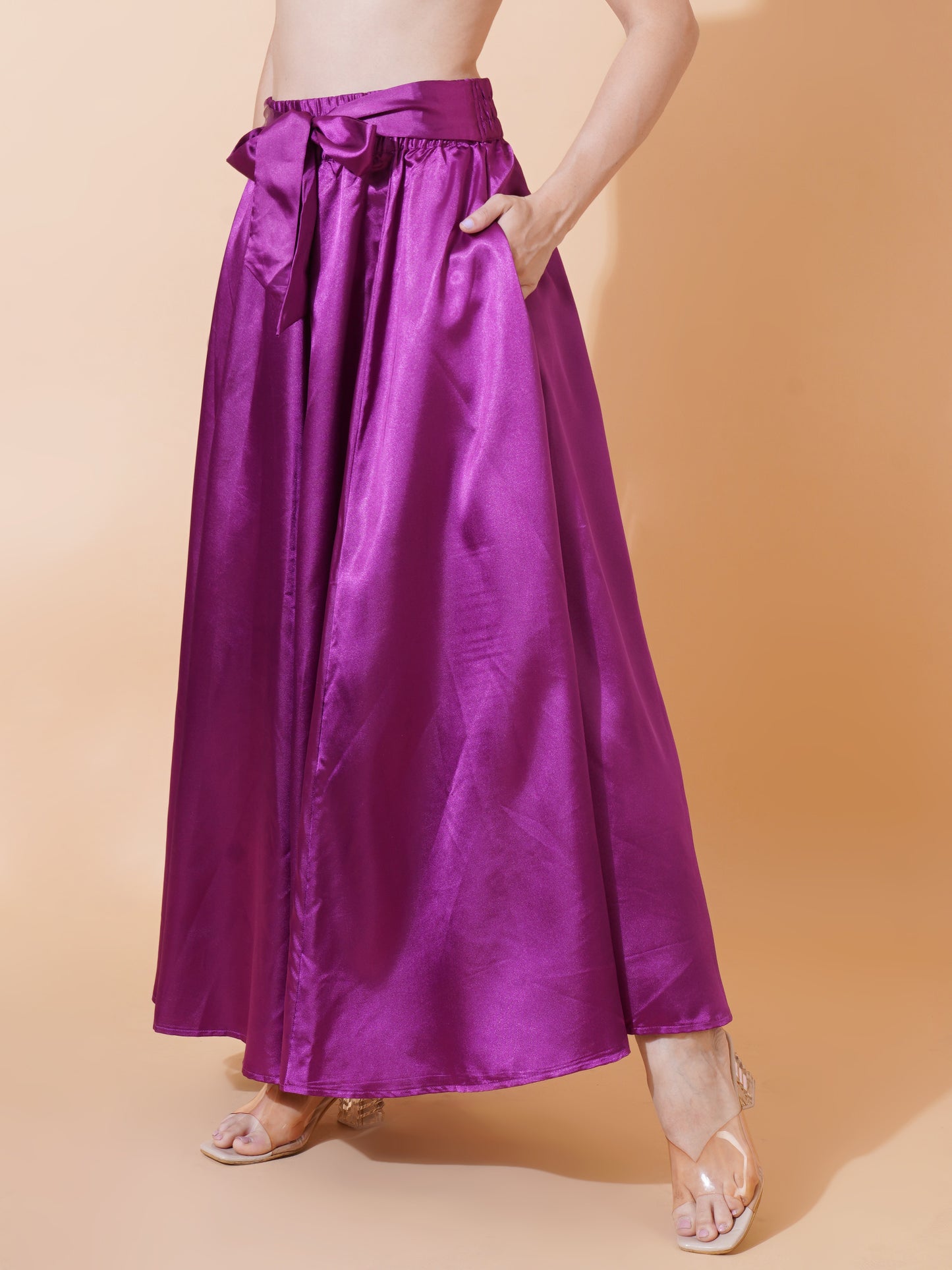 Women Blue Purple Flared Drawstring Maxi Skirt