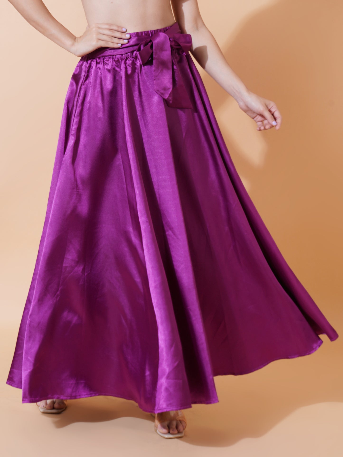 Women Blue Purple Flared Drawstring Maxi Skirt