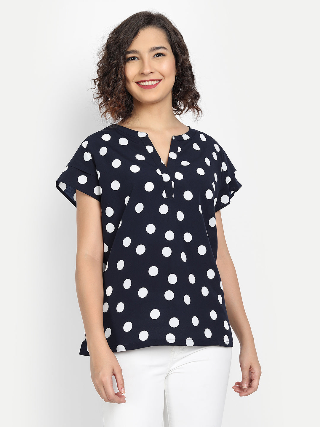 Women Black White Polka Dot Printed A-Line Top