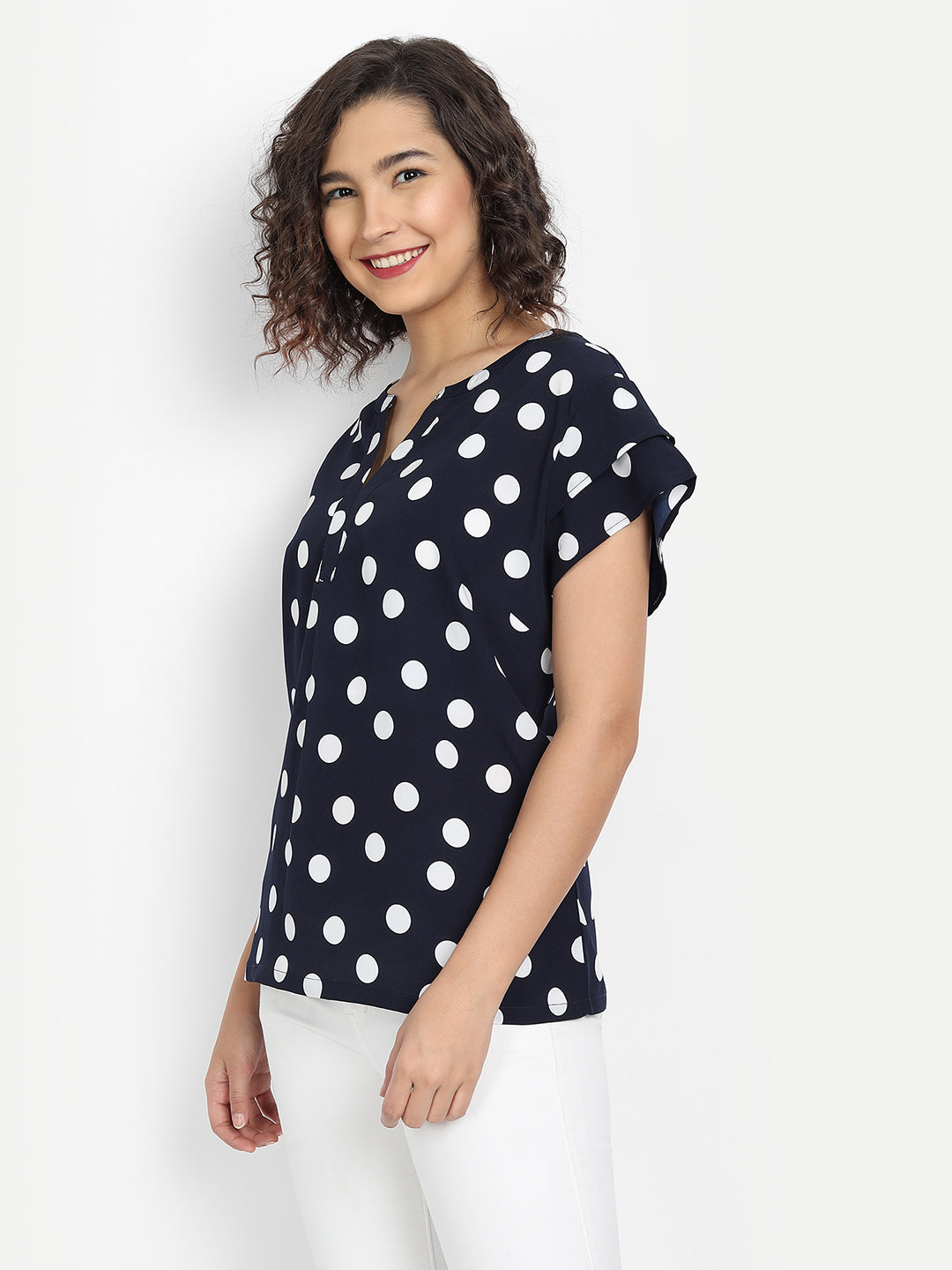 Women Black White Polka Dot Printed A-Line Top