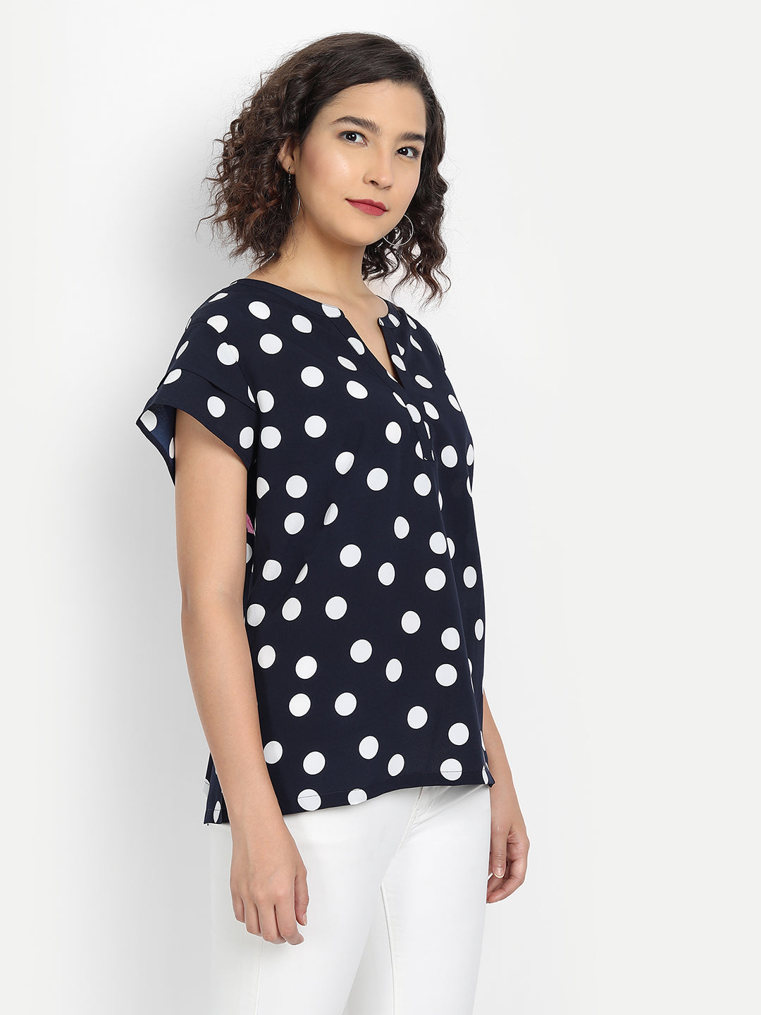 Women Black White Polka Dot Printed A-Line Top