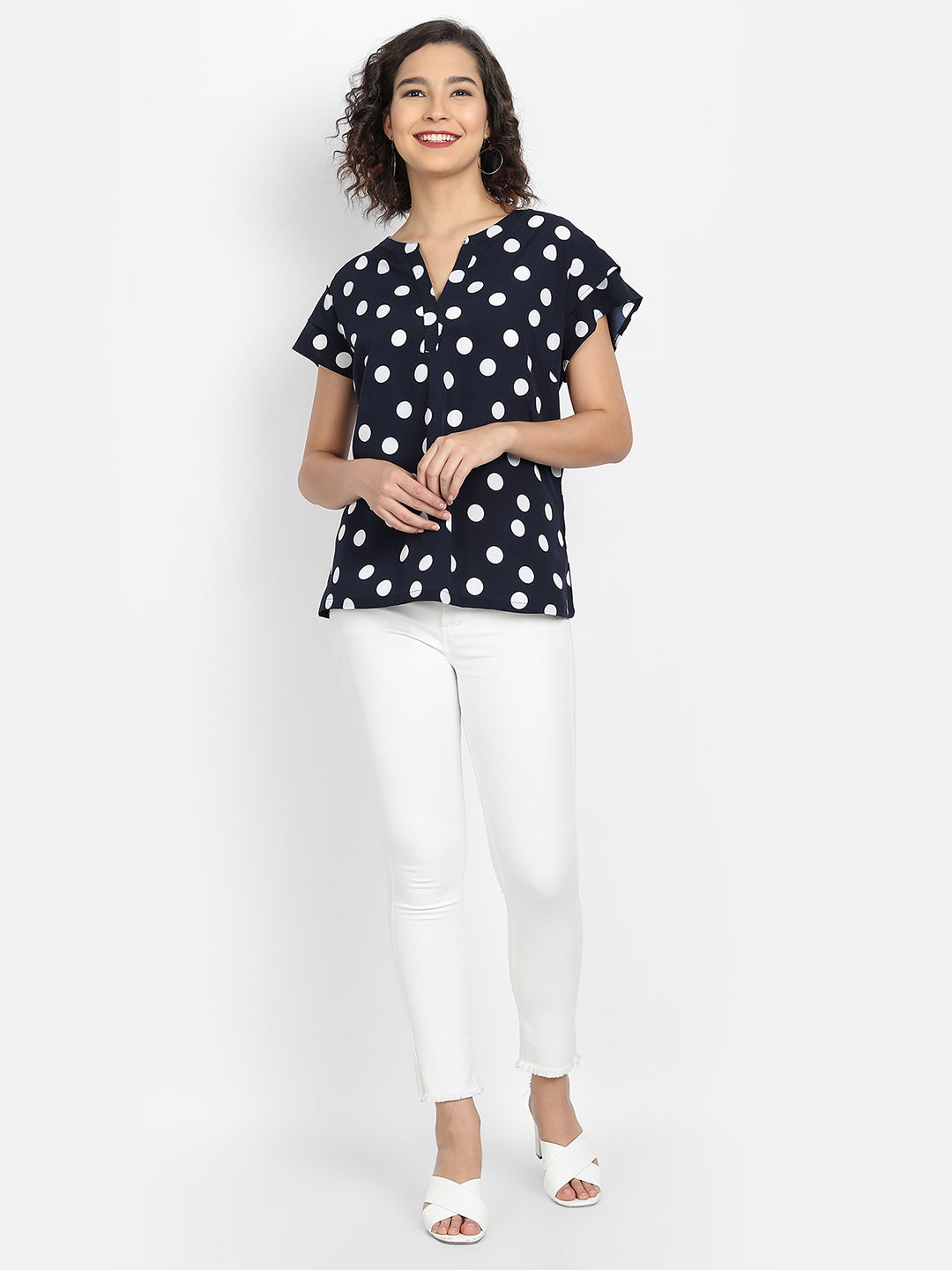 Women Black White Polka Dot Printed A-Line Top