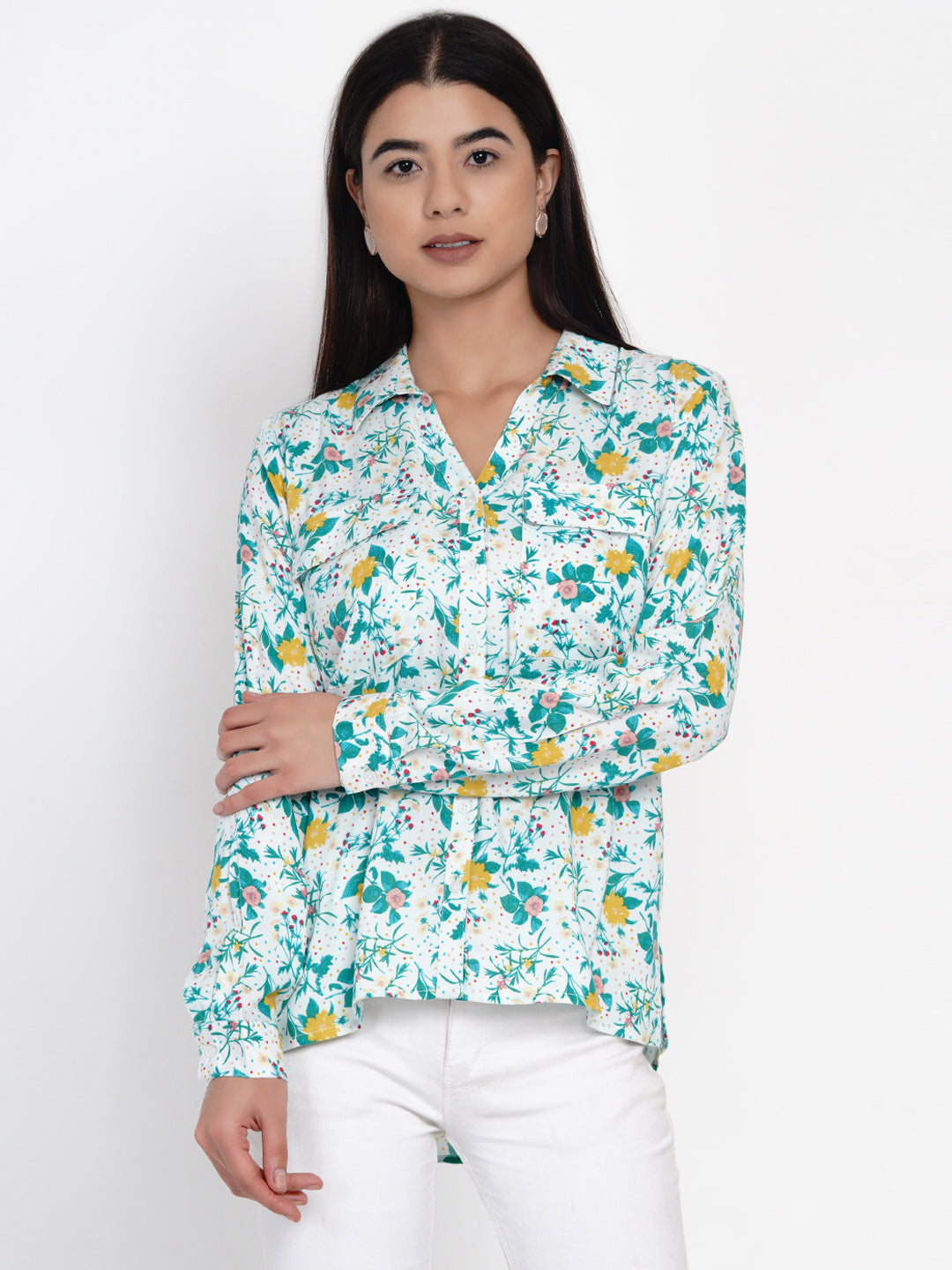 9 Impression Women Blue & Yellow Floral Print Shirtstyle Top