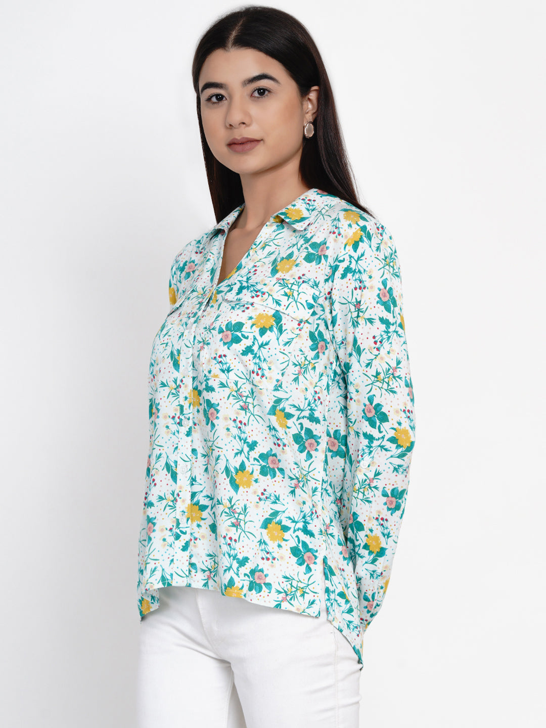 9 Impression Women Blue & Yellow Floral Print Shirtstyle Top