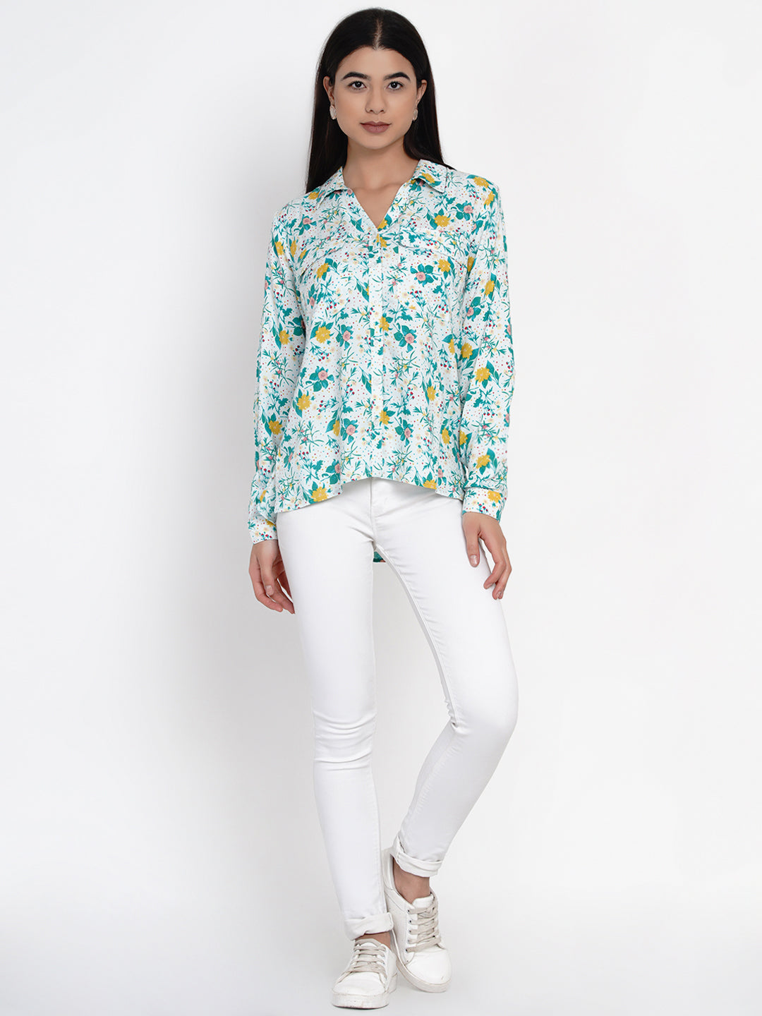 9 Impression Women Blue & Yellow Floral Print Shirtstyle Top