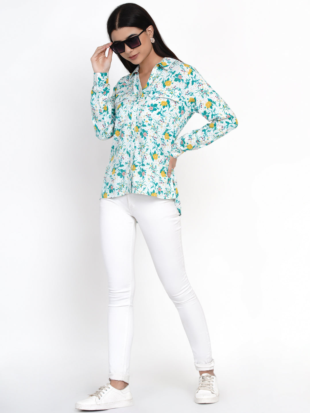 9 Impression Women Blue & Yellow Floral Print Shirtstyle Top