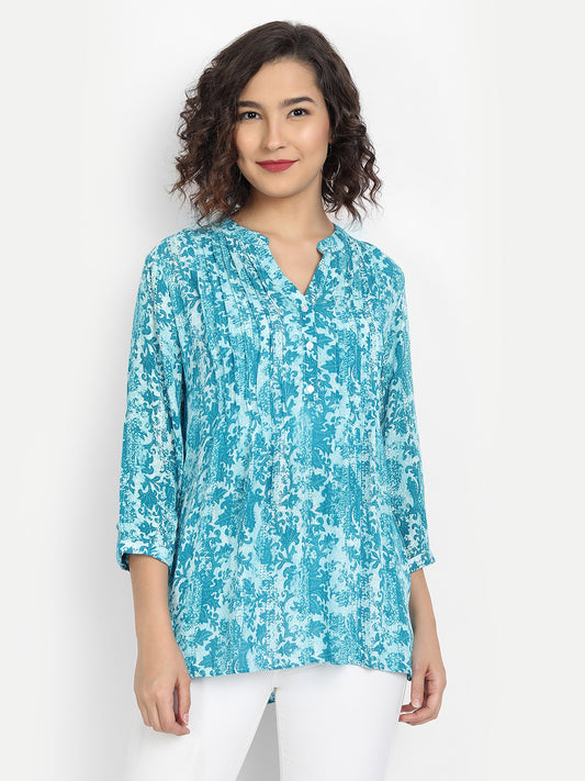 Woman Turquoise Blue Printed Longline Top