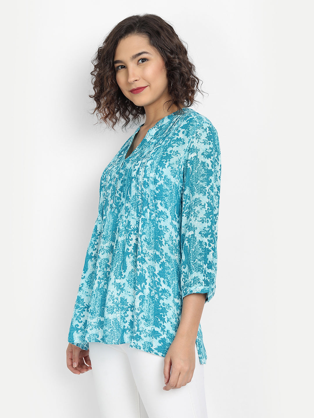 Woman Turquoise Blue Printed Longline Top