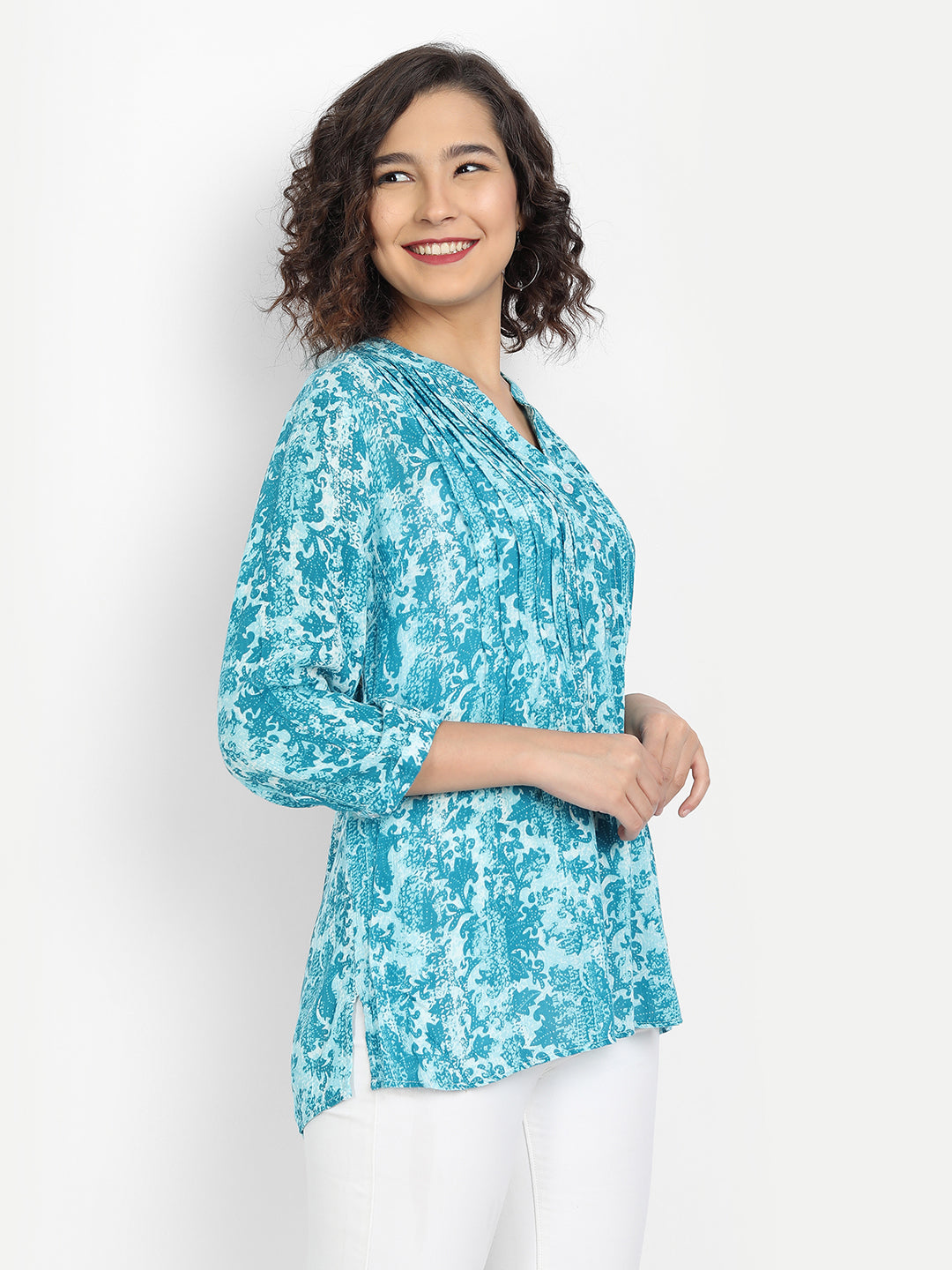 Woman Turquoise Blue Printed Longline Top